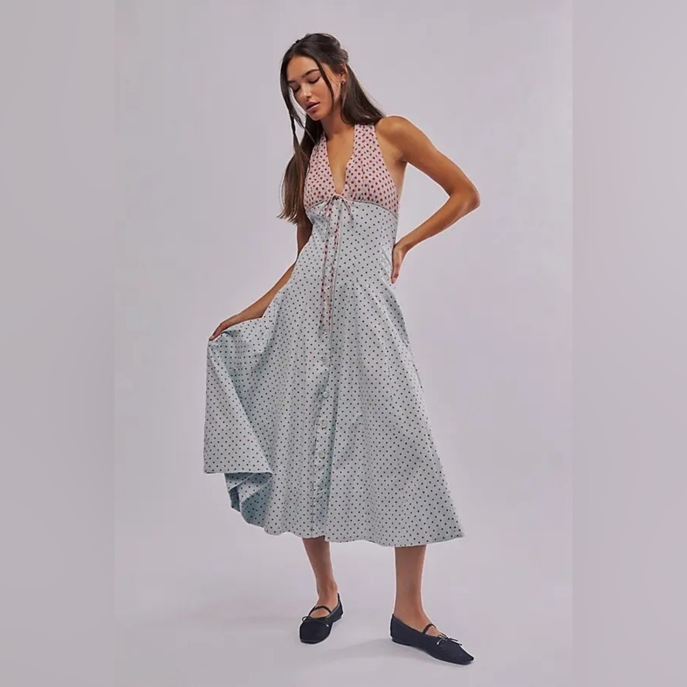 NWOT Free People Stelladonna Midi Dress Size Large Polka Dot Halter Dress Midi